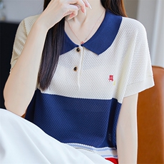 夏季新款POLO领刺绣拼色短袖针织衫女宽松透气莱赛尔天丝T恤上衣，女装针织衫/毛衣，唐诺