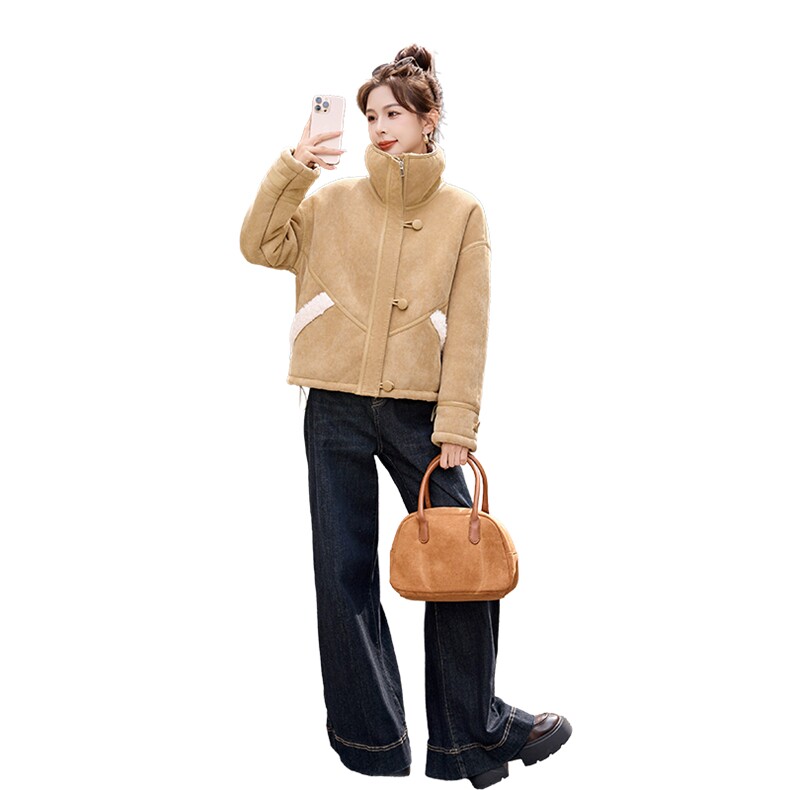 2025冬季时尚皮毛一体女装休闲显瘦立领高端加厚保暖外套,女装皮衣,自然秀