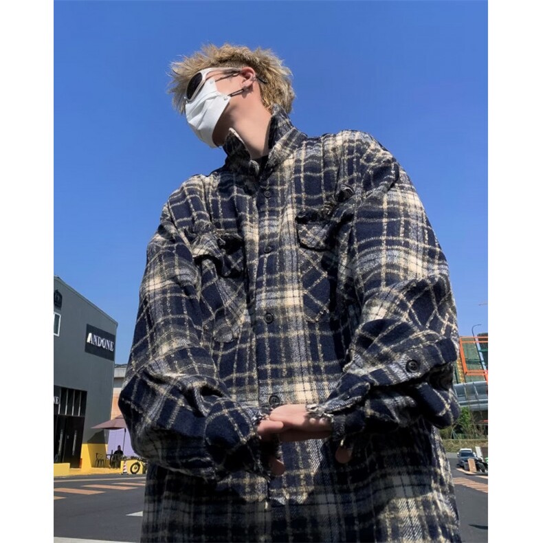 蓝色格子衬衣男2024秋季新款宽松小众设计感毛边衬衣外套W9294,男装衬衫,星座1116A-1（原606A）