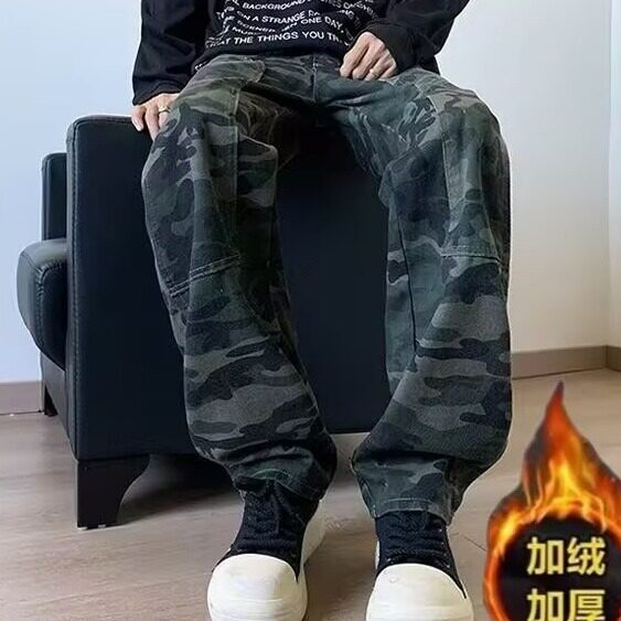 迷彩工装牛仔裤男秋冬美式复古宽松高街痞帅加绒百搭休闲直筒裤,男装牛仔裤,星座506A