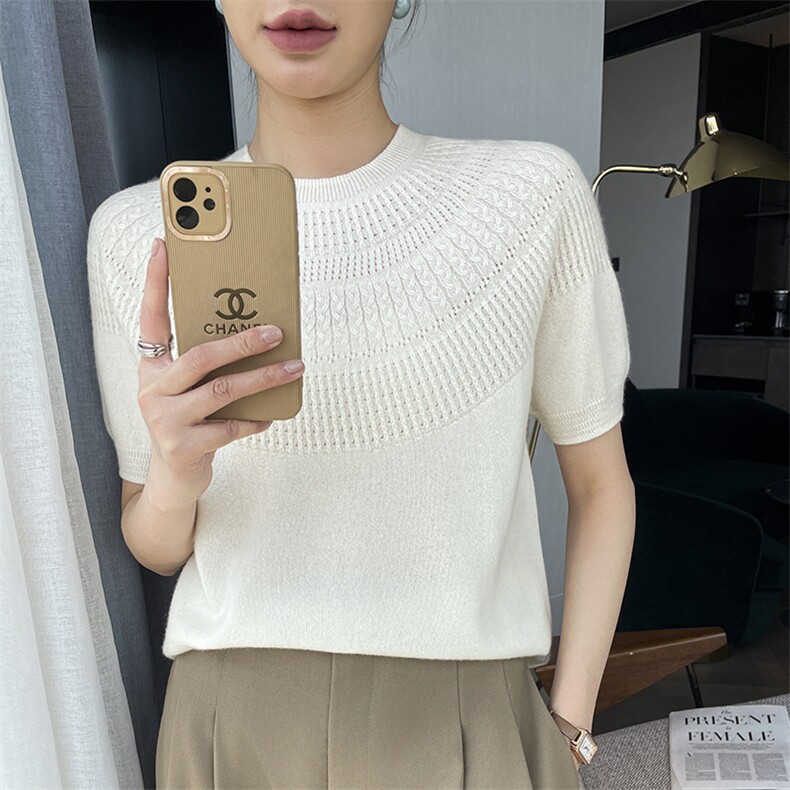 2025春夏新款圆领100%纯山羊绒衫镂空女短袖透气亲肤针织T恤上衣，女装T恤，玖雪绒羊绒