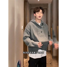 重磅秋冬装北极绒开衫毛衣美式复古休闲慵懒风针织衫加厚连帽外套，男装针织衫/毛衣，电商A486-1