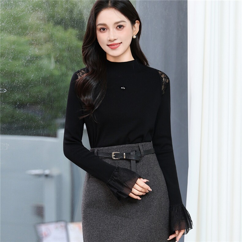 情花子轻熟优雅风蕾丝拼接针织衫女修身打底衫黑色长袖上衣,针织衫/毛衣,2C091