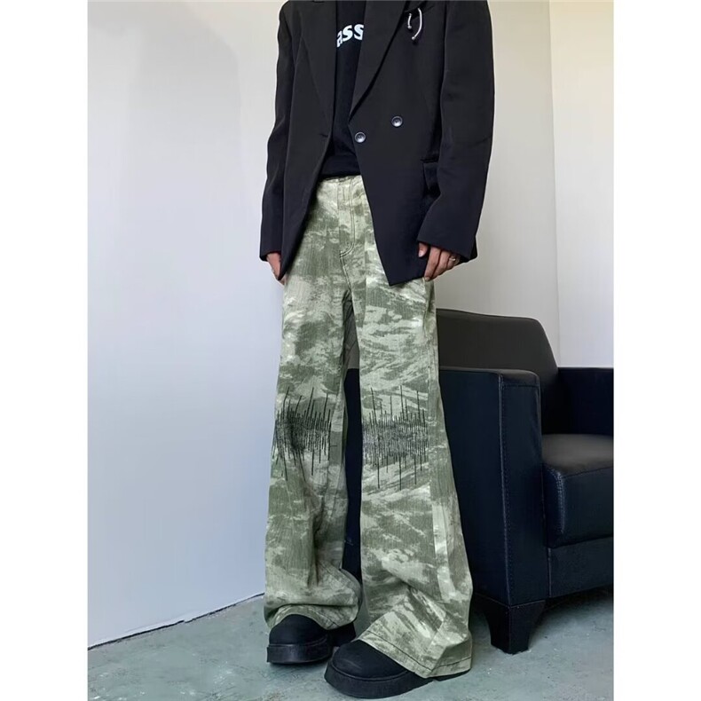 秋款男迷彩牛仔裤微喇宽松百搭刺绣高街阔腿长裤NK7785P48,男装牛仔裤,星座1013-1
