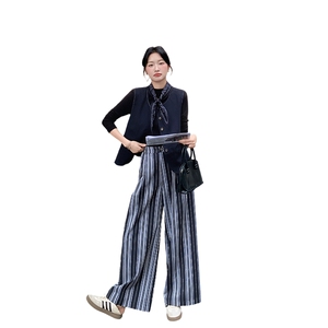 韩系通勤风马甲套装女2025秋新款时尚气质高级感条纹阔腿裤两件套图片