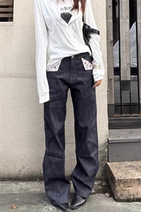 现货 碎花赤耳拼接牛仔裤复古纯色简约男女生高街休闲百搭裤子潮图片