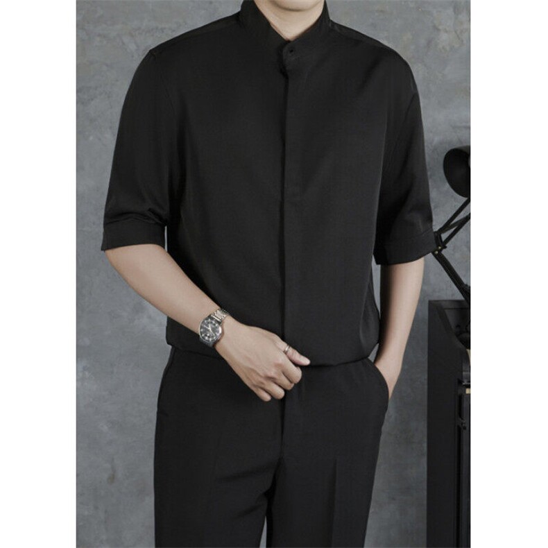 夏季冰丝短袖衬衫男新中式立领衬衣免烫无痕休闲显瘦中袖CY55，男装T恤，星座1116A-2（原606A-1）