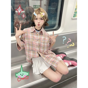 TC519-P45复古撞色格子短袖衬衫宽松oversize情侣百搭衬衣图片