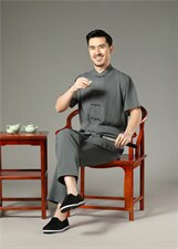 风夏季新款中老年男士短袖唐装太极服中式刺绣立领休闲套装，男装中老年男装，钱塘723