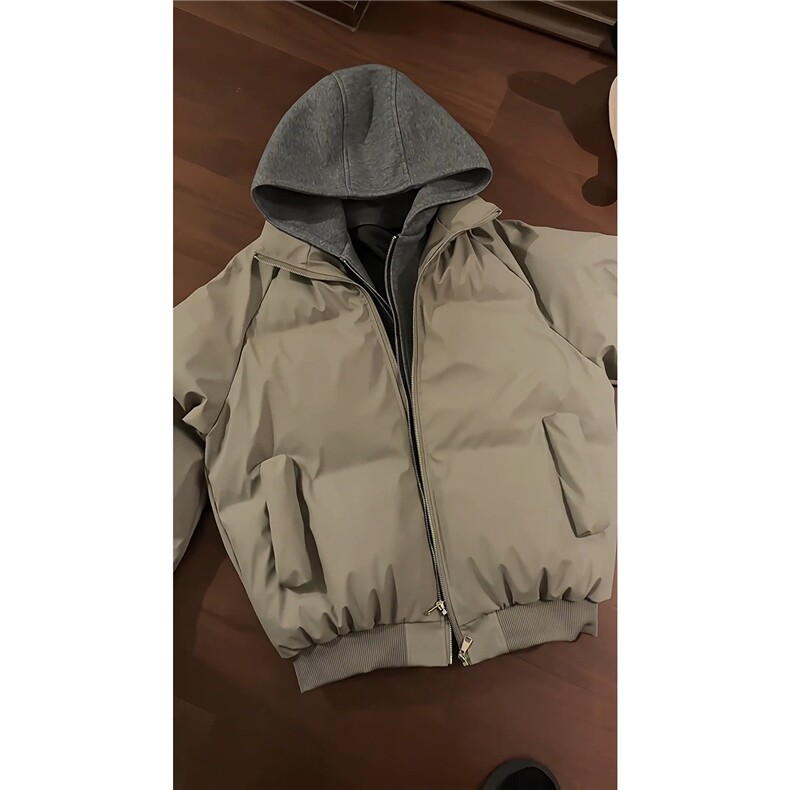 网图 美式假两件pu皮短款棉服男款冬季加厚工装棉袄连帽外套特P89图片
