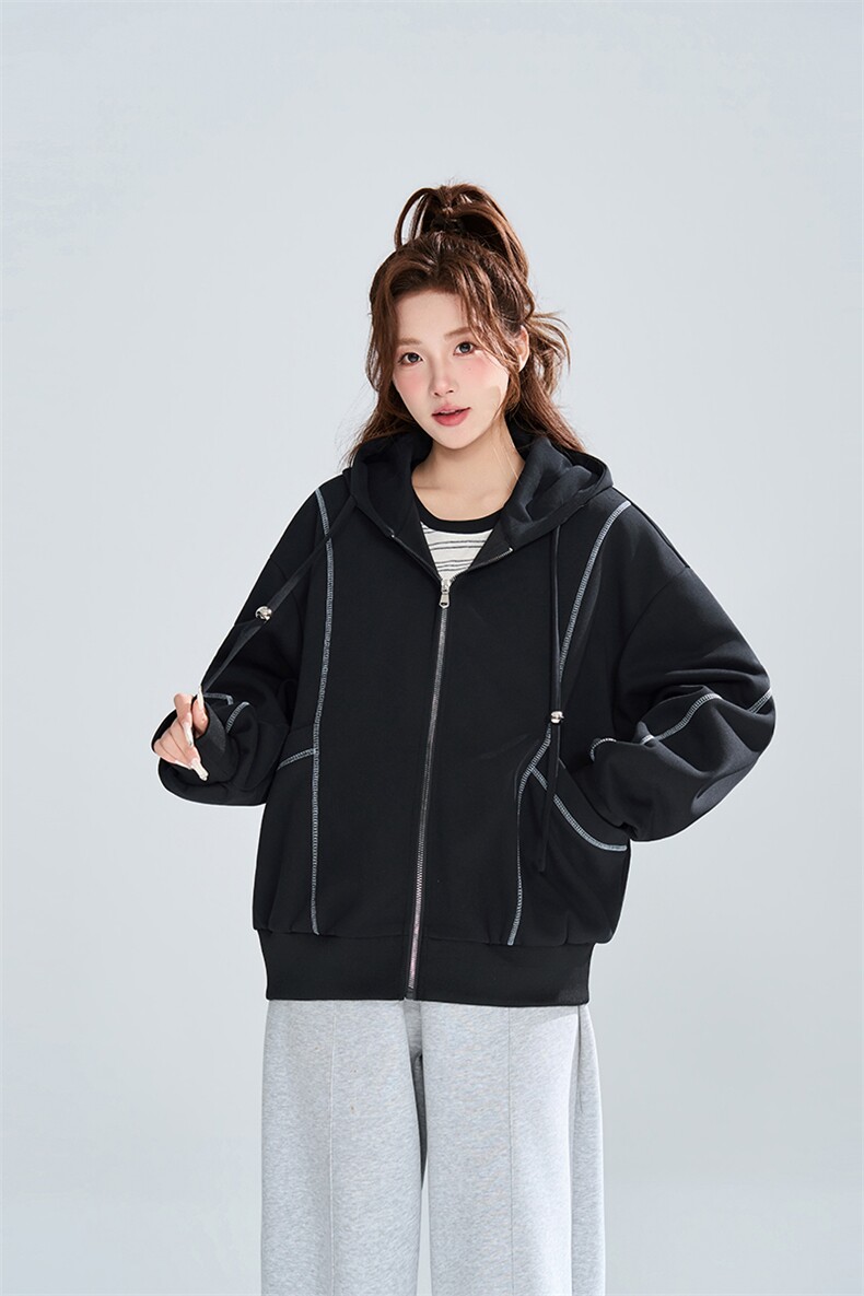 明线设计连帽开衫卫衣女春季宽松休闲百搭上衣XZ309JK8007P72,男装卫衣,星座309（原A406）