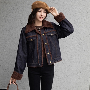 现货复古羊羔毛棉衣外套女2024冬新款韩版时髦加绒加厚牛仔棉服图片