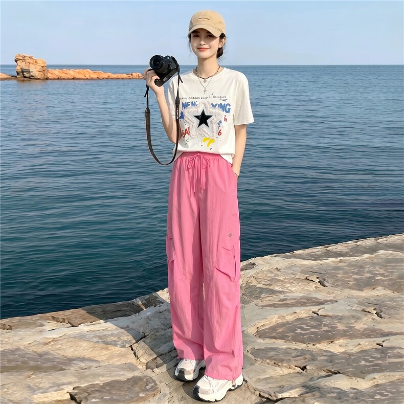 韩版休闲时尚套装女夏款个性简约圆领星星印花上衣工装长裤两件套,女装套装/套裙,江南