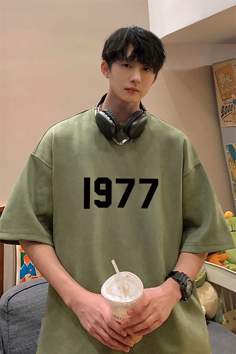 ！24夏季新款宽松大码港风1977短袖麂皮绒T恤TJ2301-特p19,男装T恤,星座508（原C305）