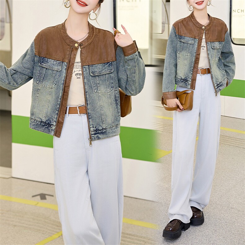 复古拼接牛仔外套女2025春秋新款韩版宽松小个子休闲短款夹克上衣，女装牛仔外套，江南女神