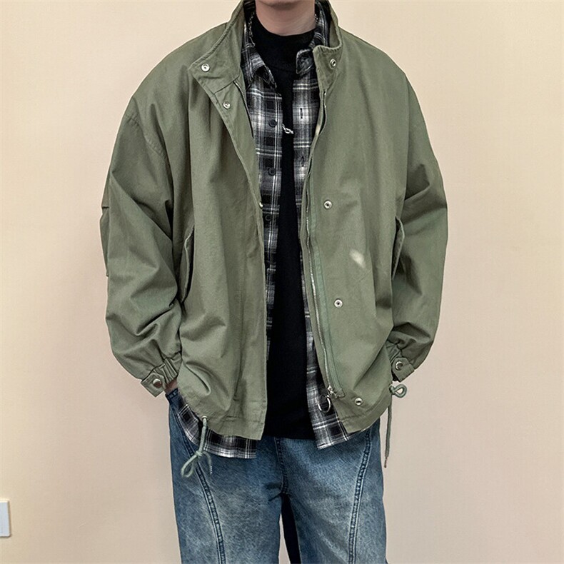 现货水洗棉立领夹克韩版宽松工装休闲外套港风抽绳A114-P90，男装夹克，电商A351