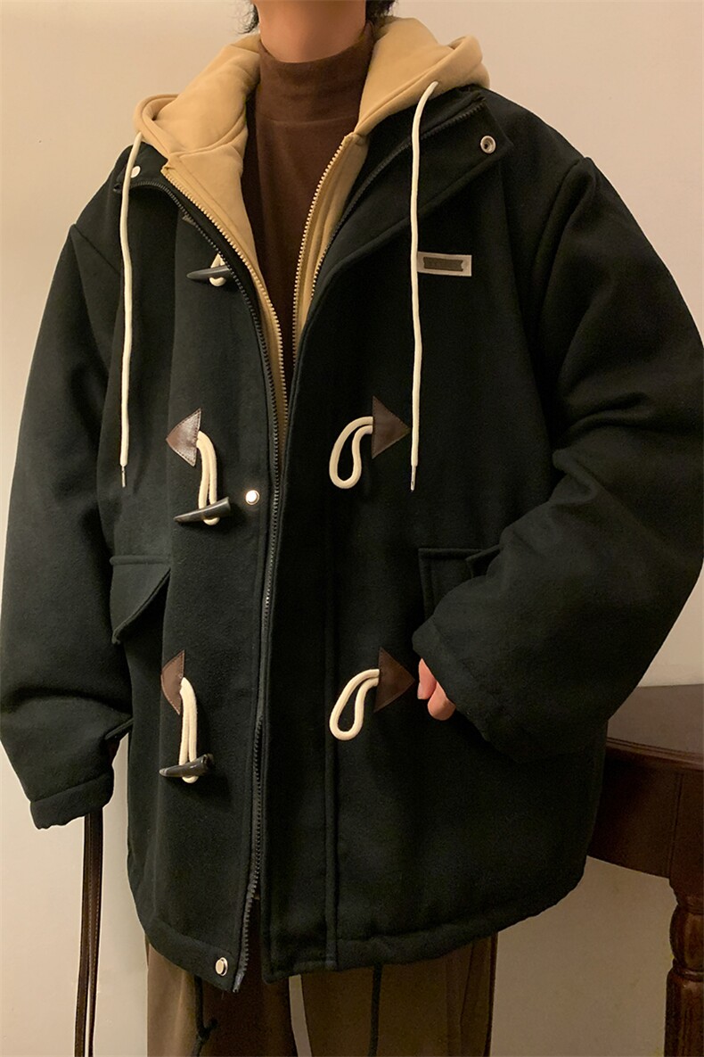 EQ160冬季呢大衣男假两件牛角扣撞色毛呢外套小众设计感棉衣P148,男装棉衣,电商C306-1