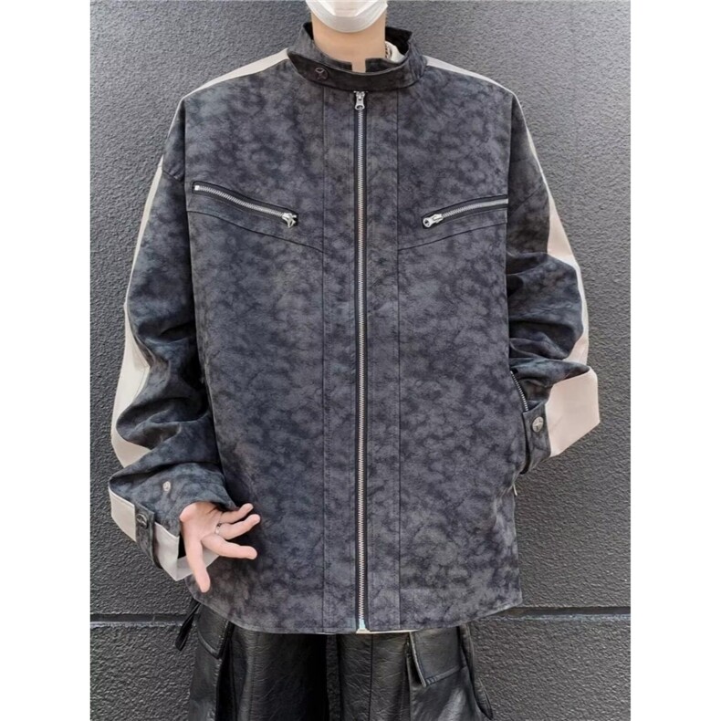W701-P75复古水洗做旧PU皮夹克男款秋冬cleanfit高级感垫肩,男装夹克,电商B323A