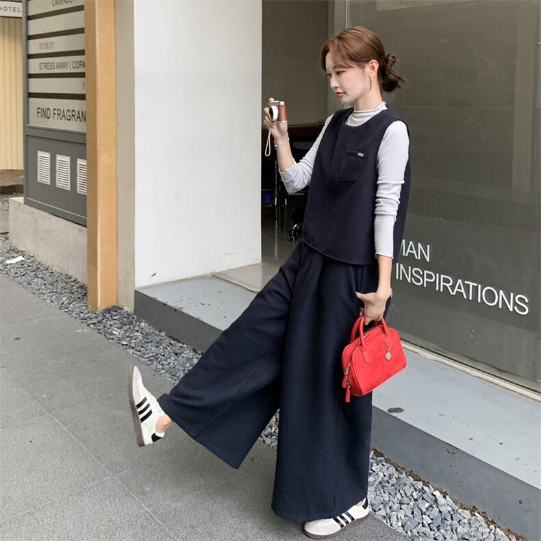 ：秋装新款针织T＋恤马甲阔腿裤三件套装2C135-8905P175K258,女装套装/套裙,2C135