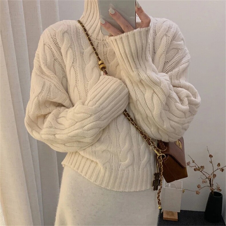 2025年秋季新款百搭女士短款高领加厚麻花羊毛衫，女装羊毛衫，新胜羊绒