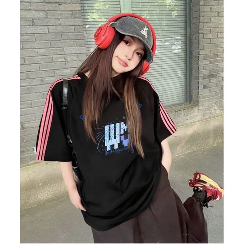 抖音得物品质二开240克宽松纯棉美式潮牌印花三条杠中性风短袖T恤,男装T恤,电商A486