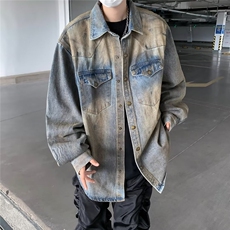 复古蓝牛仔衬衫外套男废土风外套宽松休闲春秋季衬衣W5860-P67，男装衬衫，星座412-2