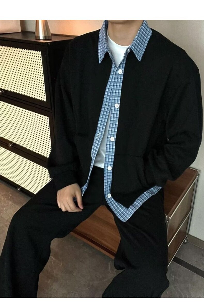 春季新款假两件格子情侣装衬衫领针织衫拼接休闲百搭外套,男装针织衫/毛衣,星座218-8