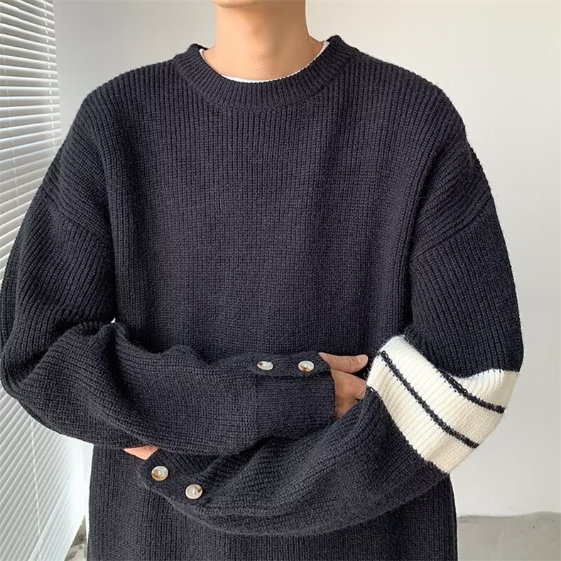 秋冬季条纹撞色圆领毛衣男韩系慵懒风高级感宽松针织线衣M283，男装针织衫/毛衣，星座506