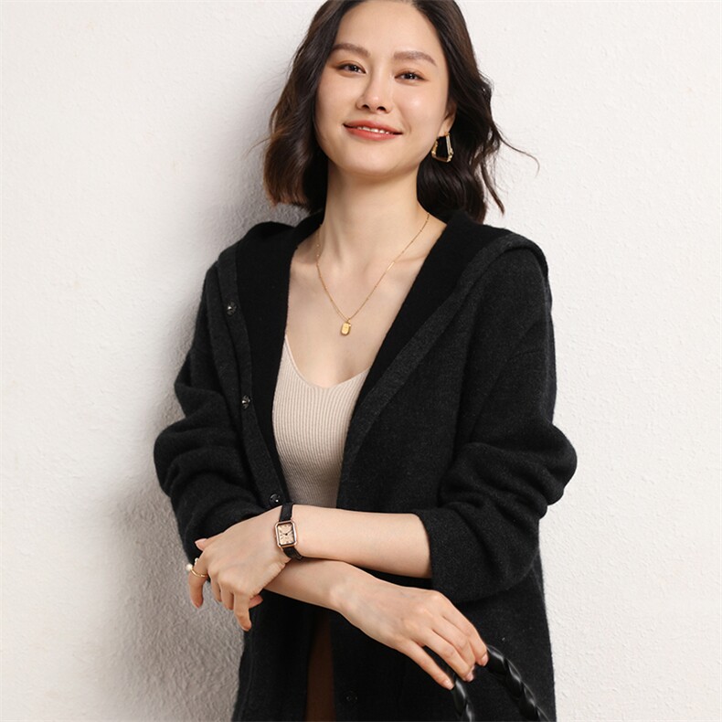 秋冬季35%羊绒简约休闲百搭时尚双层空气层弧形帽衫,女装羊绒衫,云暖羊山羊绒