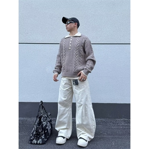 春秋美式潮牌假两件衬衫领毛衣男女重磅宽松休闲百搭情侣针织上衣图片