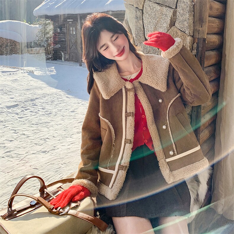 2楼002-2690-P185K278现货主推翻领气质加厚羊羔毛皮毛一体，女装羊羔毛/颗粒绒，千寻