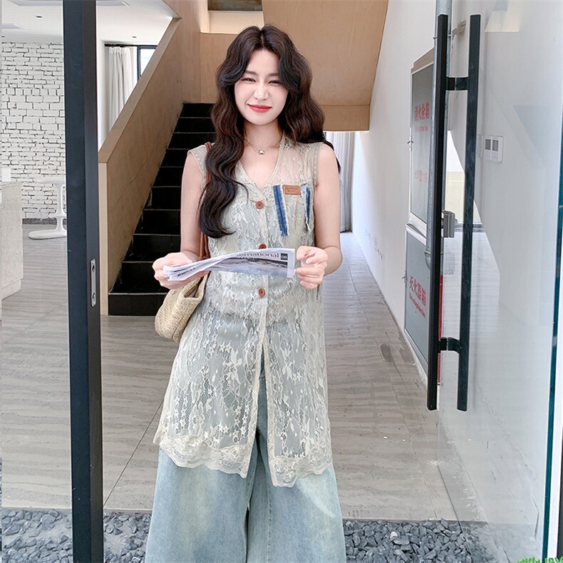 又a又飒蕾丝马甲七分牛仔阔腿裤套装女2025夏季新款小个子两件套,女装套装/套裙,浙宝305