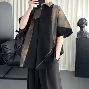 网络图现货拼接复古衬衫撞色高级设计感潮衬衣短袖RX48-P50图片