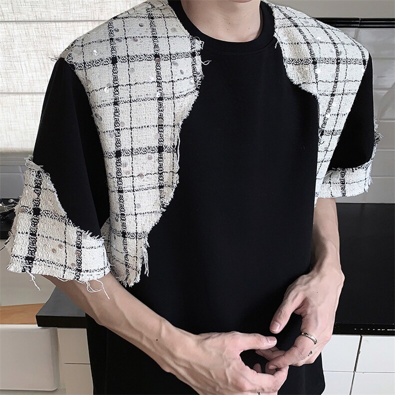 现货！25夏季精致设计感小香风拼接闪片垫肩短袖T恤DX159-p75,男装T恤,电商B288