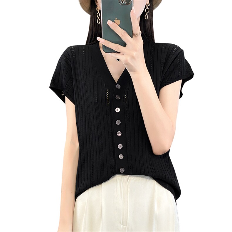 设计感镂空短袖t恤女夏季2025新款薄款冰丝针织衫高级感白色上衣,针织衫/毛衣,萱芳婷羊绒