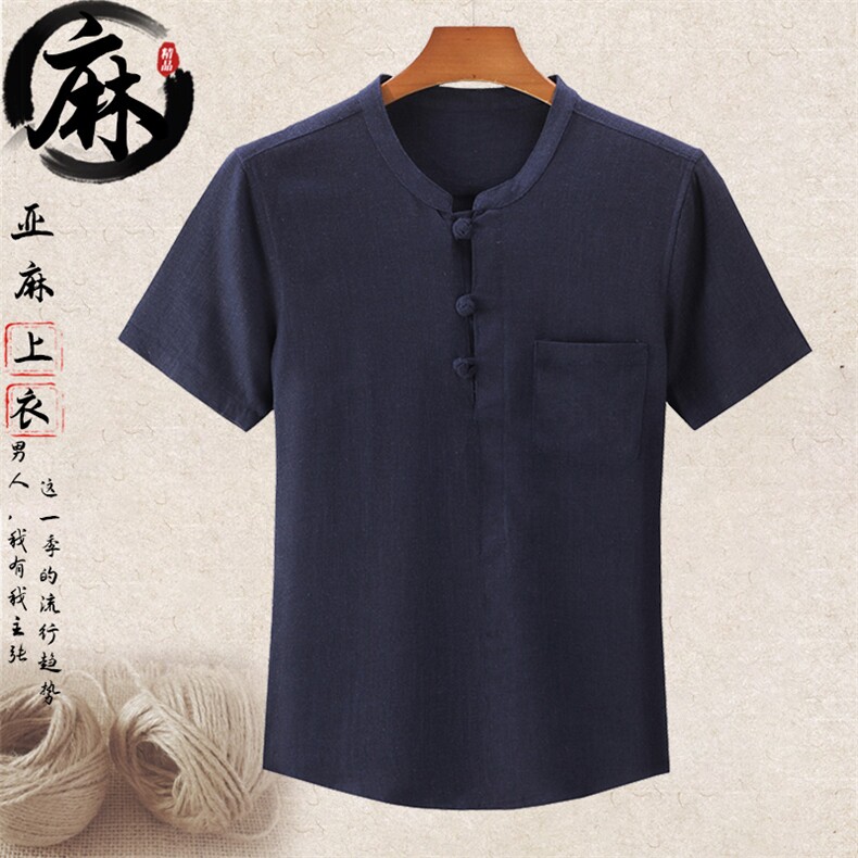主推大货新款夏男风中老年休闲亚麻短袖T恤棉麻宽松半袖，男装T恤，钱塘723