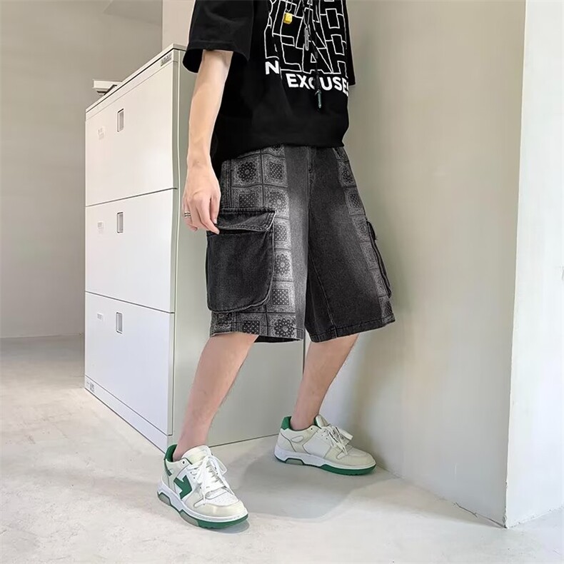 工装牛仔短裤男大口袋印花个性帅2023夏季新款ins五分裤RK709-P47,男装牛仔裤,星座412-3