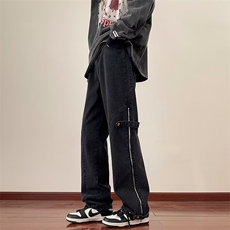 春季新款设计感拉链开叉拼接牛仔裤男高街阔腿直筒牛仔裤，男装牛仔裤，星座506A