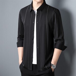 2023秋季新款宽松无痕长袖衬衫中年男士条纹衬衣免烫潮流上衣图片