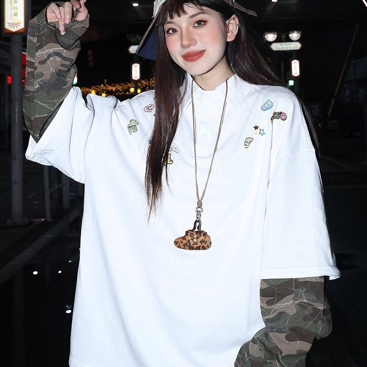 卡通印花拼接迷彩长袖polo衫假两件春秋季情侣学院风卫衣WYT606,男装卫衣,星座516A