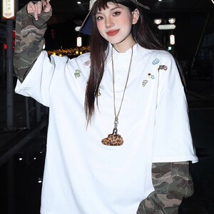 卡通印花拼接迷彩长袖polo衫假两件春秋季情侣学院风卫衣WYT606,飞象白色卫衣怎么搭配图片