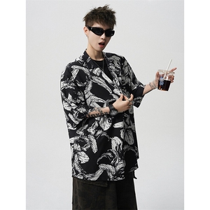 8XL-M 冰丝凉感衬衣垂感透气复古花纹宽松男五分袖短袖衬衫CS526图片
