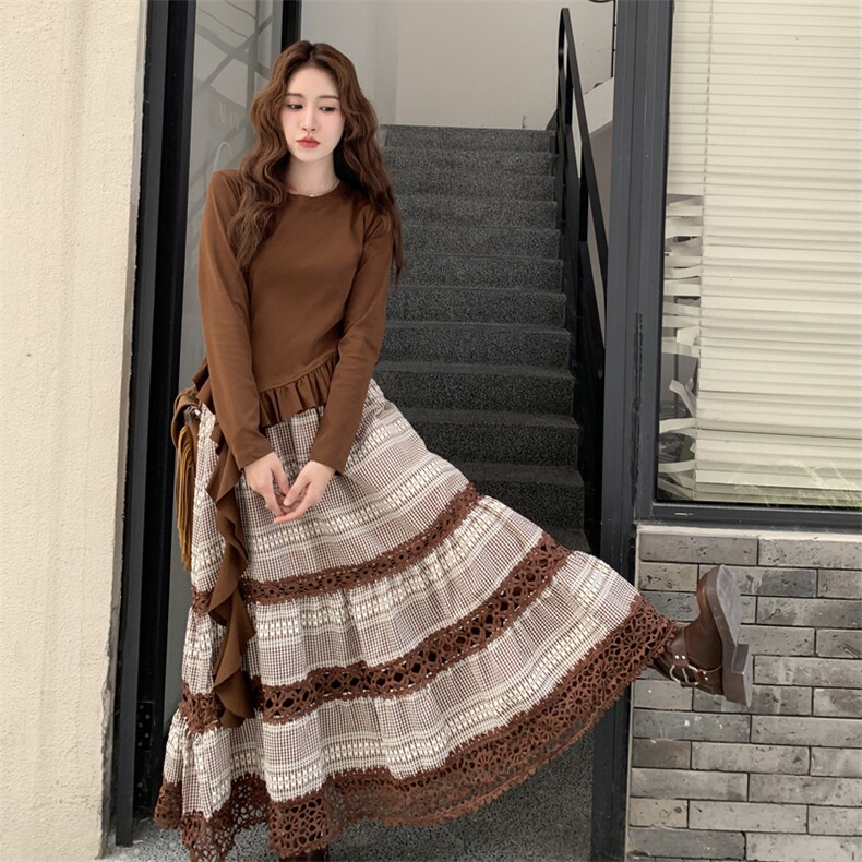 美拉德复古套装女2025秋新款气质不规则上衣蕾丝格子半身裙两件套，女装连衣裙，浙宝103（原192）