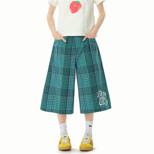A165-K8925-P5069夏季美式简约撞色格子七分裤休闲裤直筒短裤图片