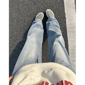 校园风满印星空纹牛仔裤男款cleanfit裤子复古微喇弯刀裤NK81