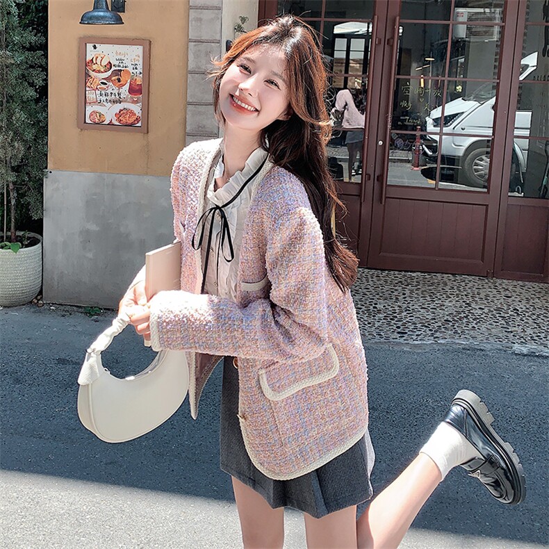 法式小香风外套女春秋2025甜美气质v领韩版名媛粉色精致高端上衣,女装毛呢外套,2C056