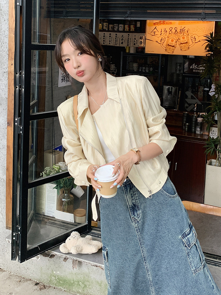 休闲短外套女2025春秋新款百搭气质显瘦韩版斜拉链夹克上衣米白色,女装短外套,鑫慧