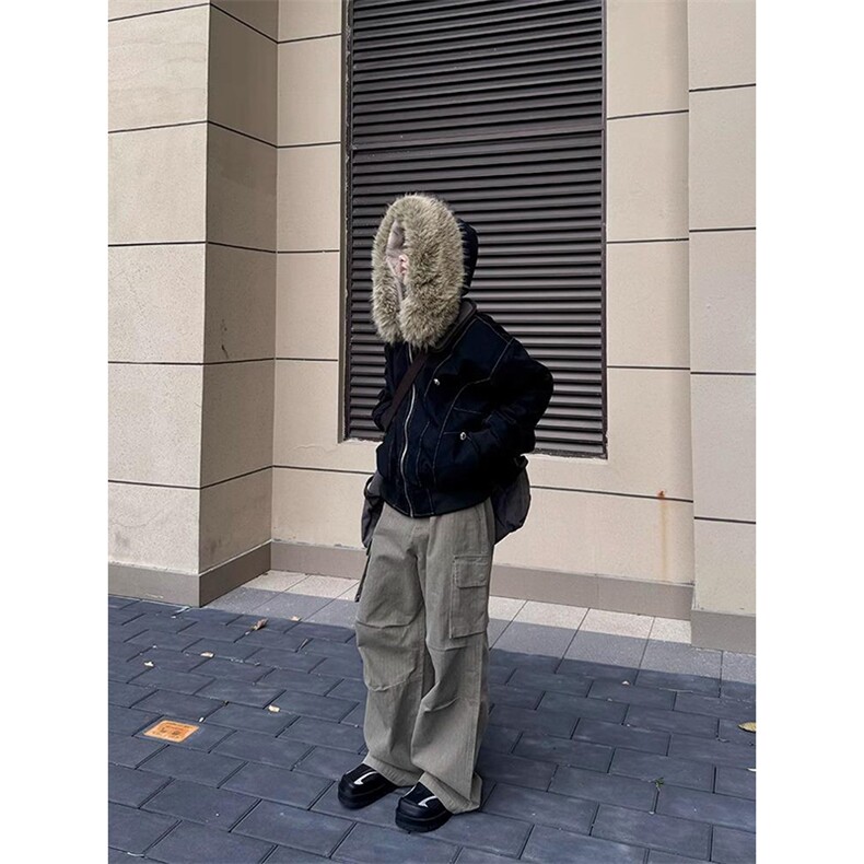 现货重磅boxy短款棉衣座山雕大毛毛领男女棉服水洗工装厚外套图片