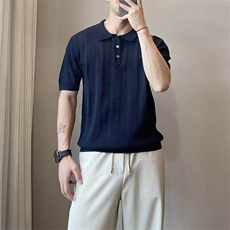 夏季薄款针织短袖男士POLO衫镂空设计感透气条纹T恤男WLC033-P45，男装T恤，星座1008