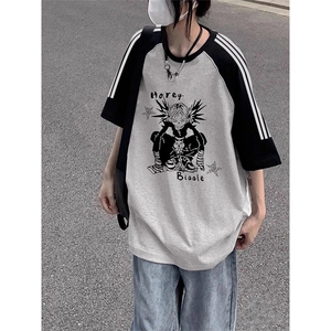 夏季美式高街重磅纯棉三条杠织带插肩撞色男女短袖T恤CZ131-特P25图片